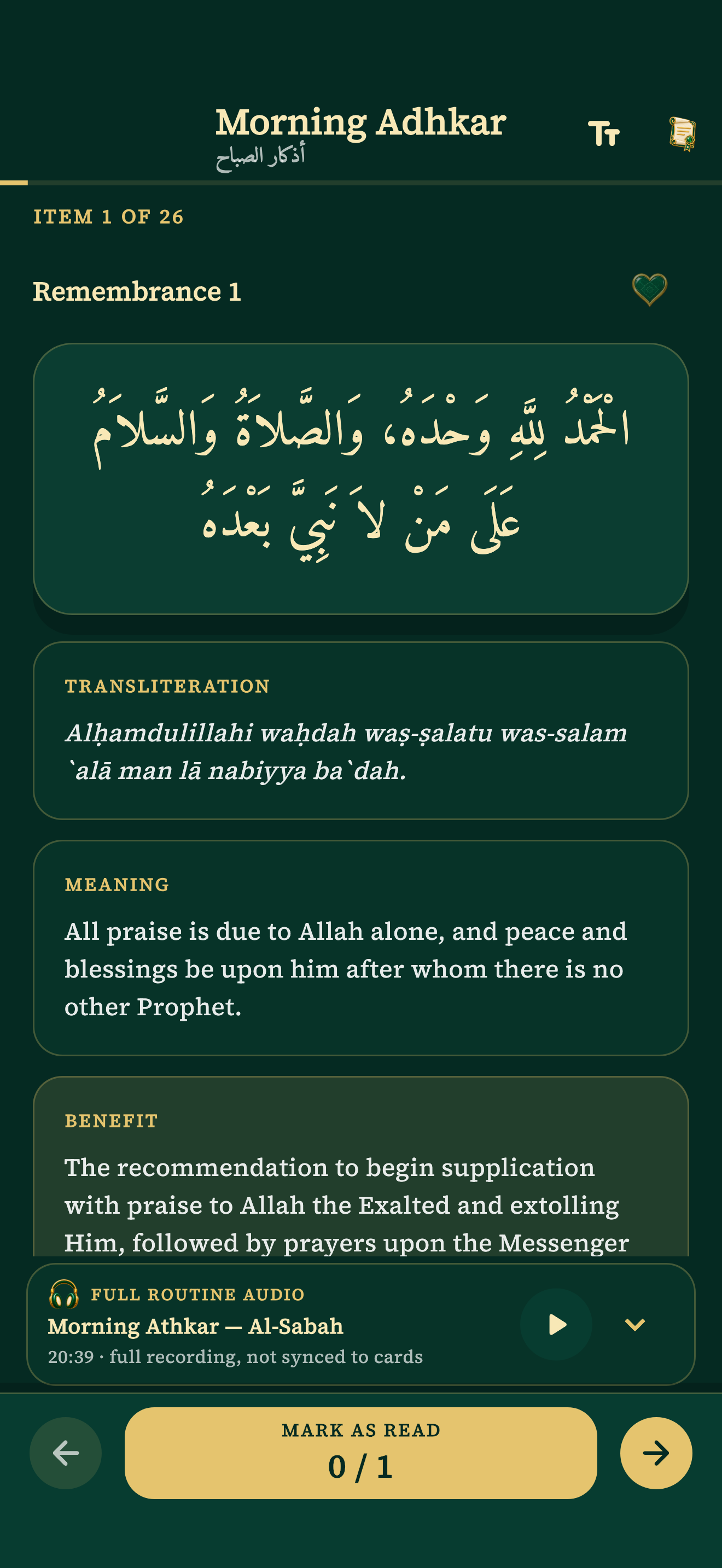 Morning Adhkar session with Arabic, transliteration, meaning and repetition counter