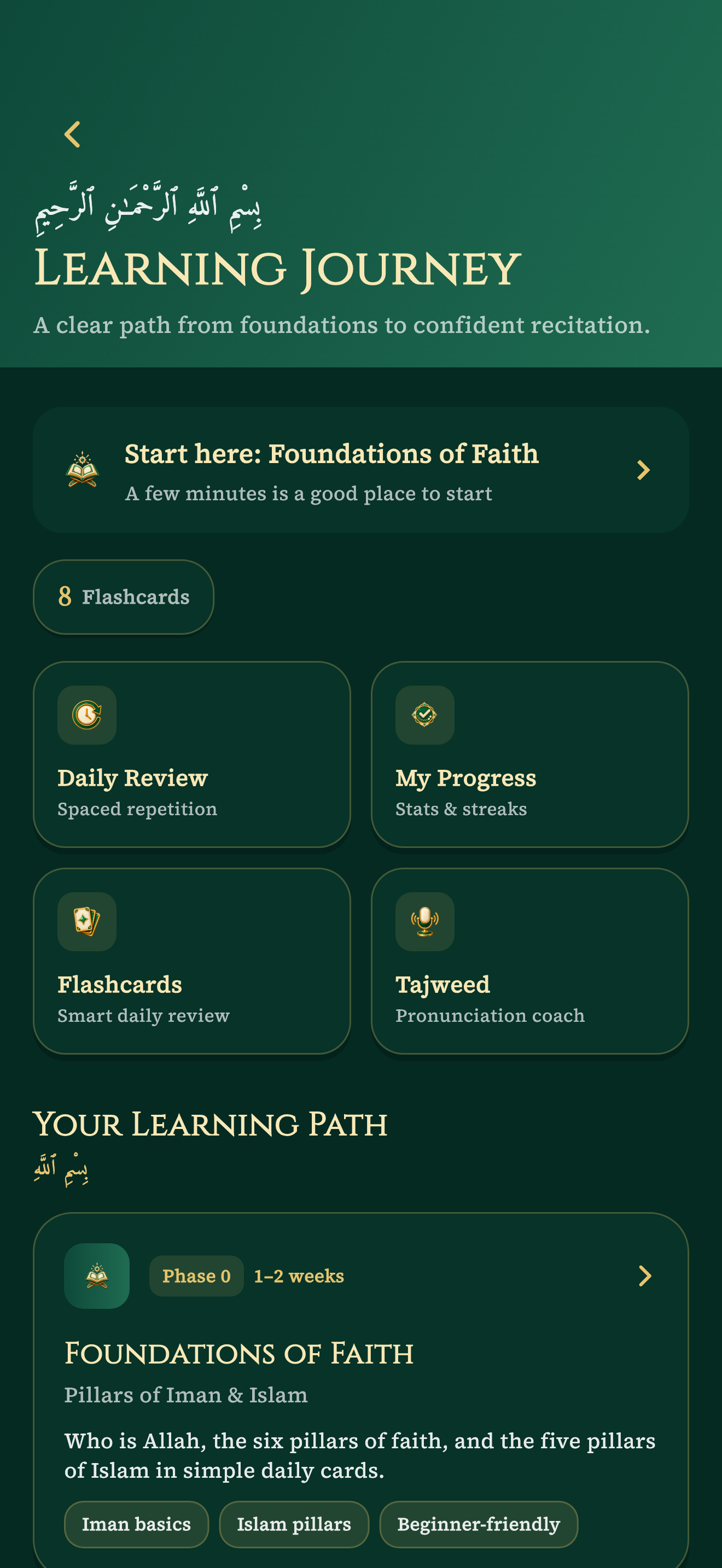 Sirat Learning Hub with foundations, Arabic, Quran tracks and flashcard review